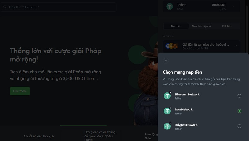 Hướng dẫn nạp tiền qua Crypto cực dễ, cực nhanh tại Sportsbet 7 Chọn mạng nạp